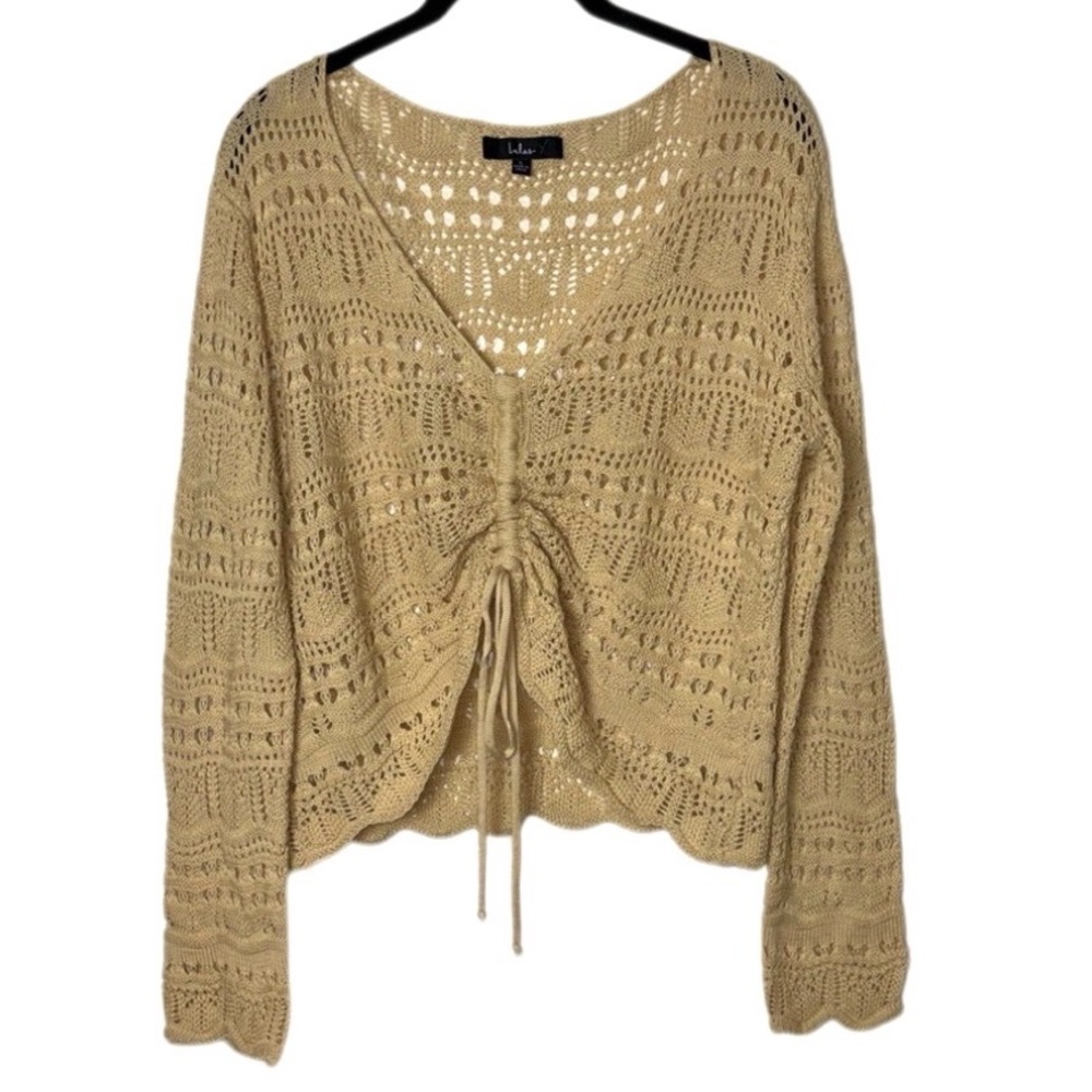 Lulus Only Yours Beige Sheer Crochet Ruched Sweater Top women's size large